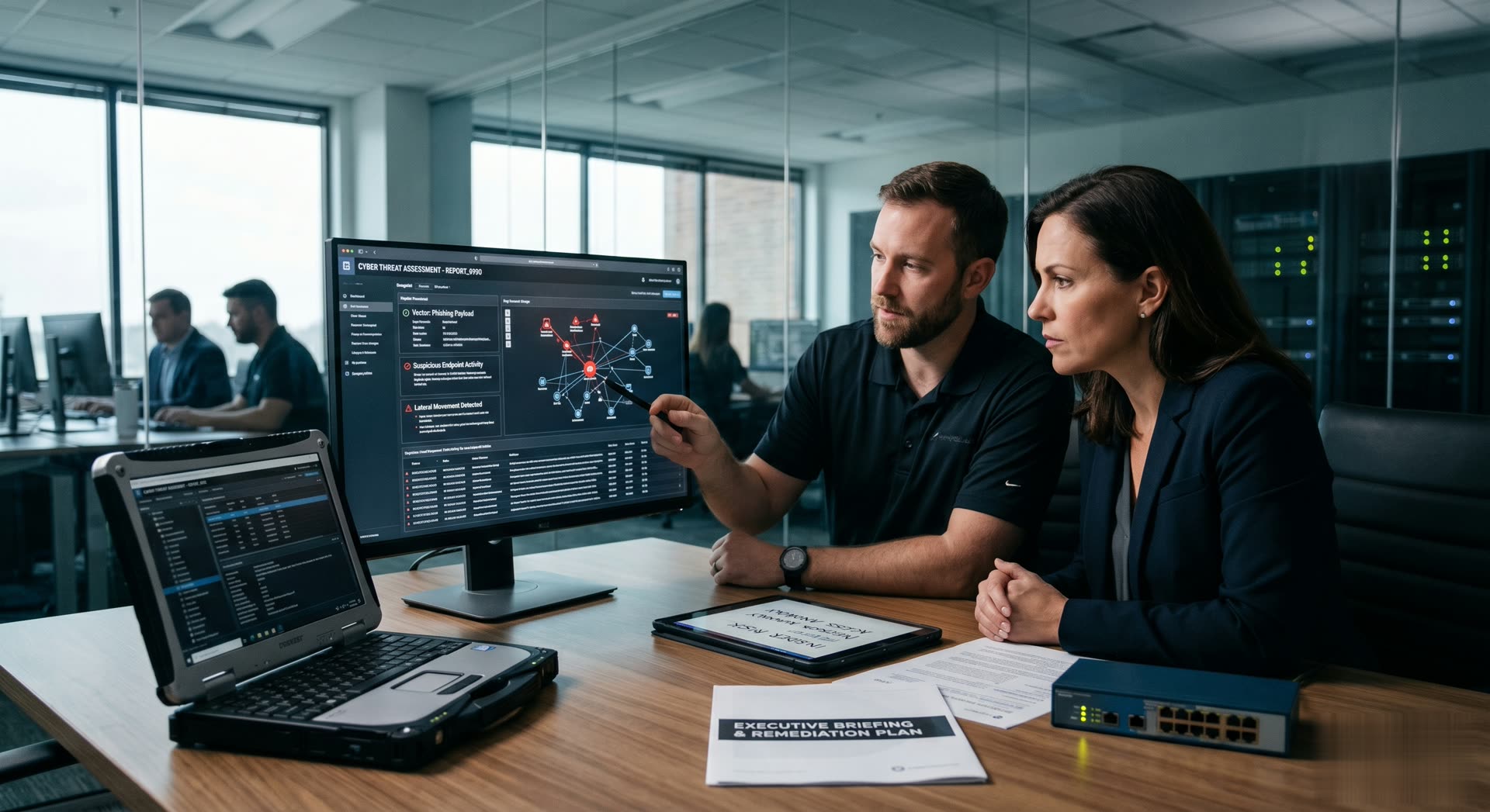 Executives in a confidential corporate briefing room, representing high-stakes business security engagements